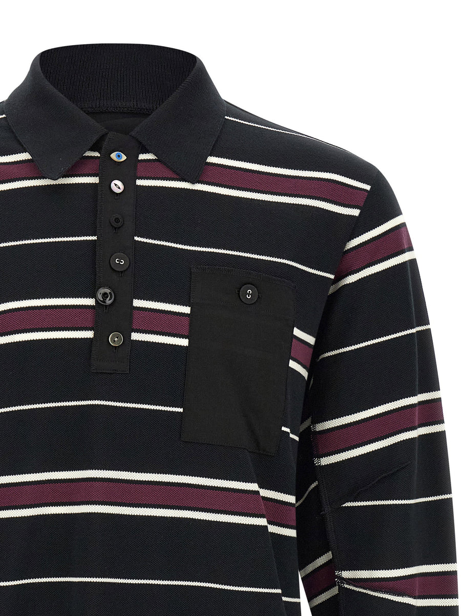 Undercover Long Sleeve Polo Shirt For Men Premium Cotton Pique Multicolor Striped Patch Pocket Front Button