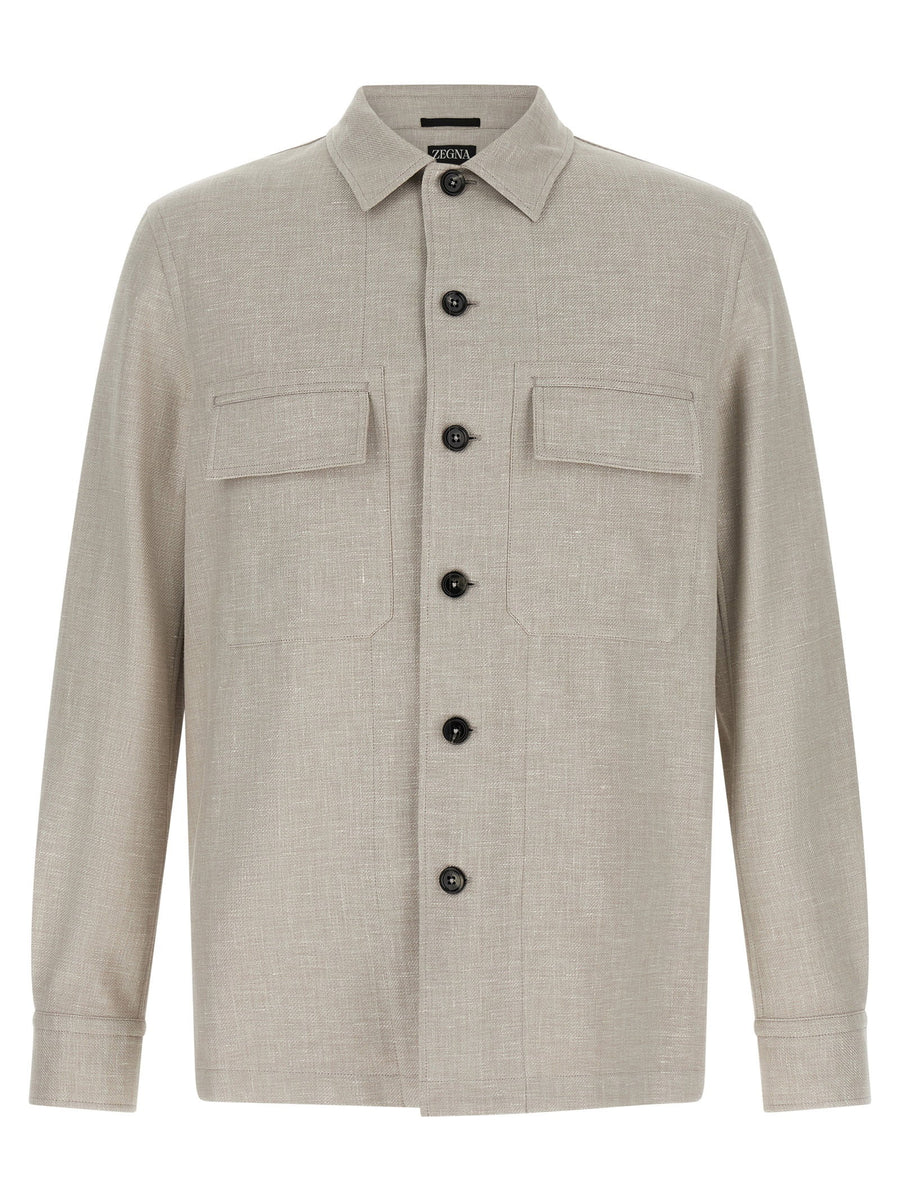 Zegna Crossover Overshirt Gray Linen Wool Silk Blend