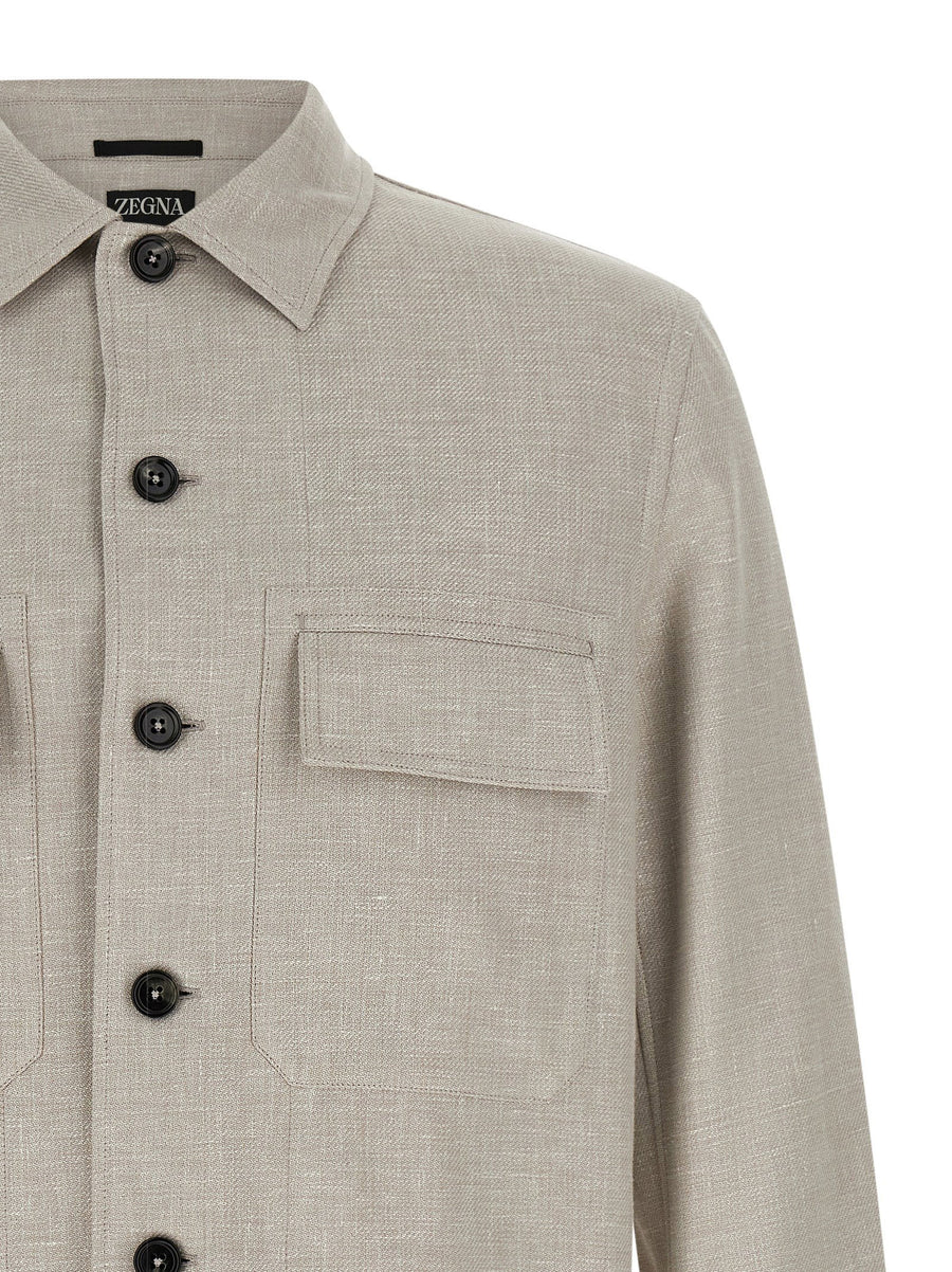 Zegna Crossover Overshirt Gray Linen Wool Silk Blend