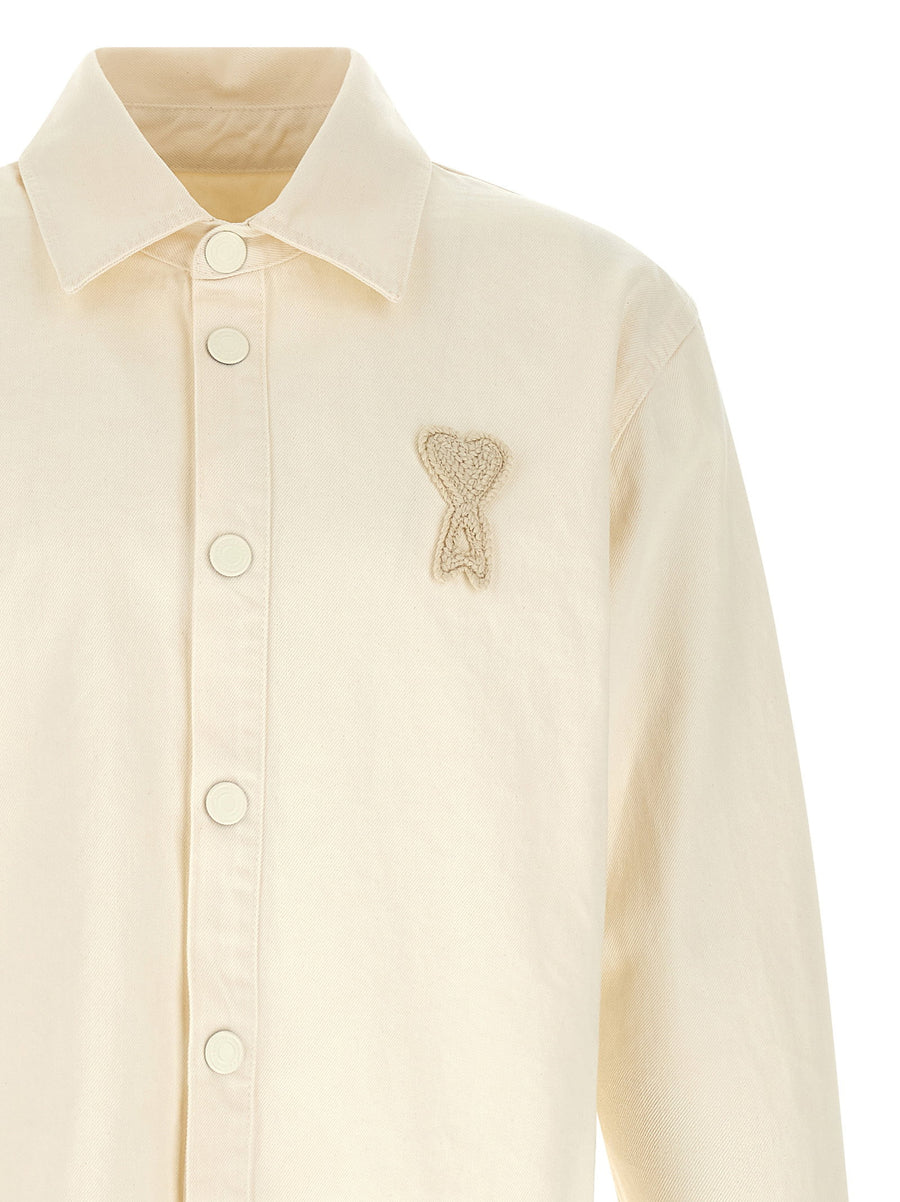 Ami Paris Ami De Coeur Overshirt For Men Beige 100 Percent Cotton Denim