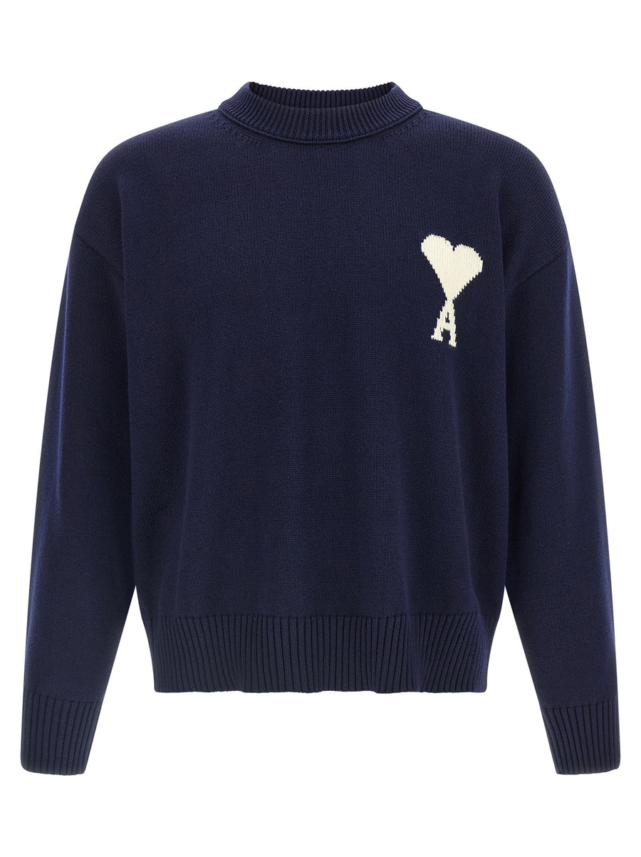 Ami Paris Ami De Coeur Wool Cotton Blend Sweater Blue