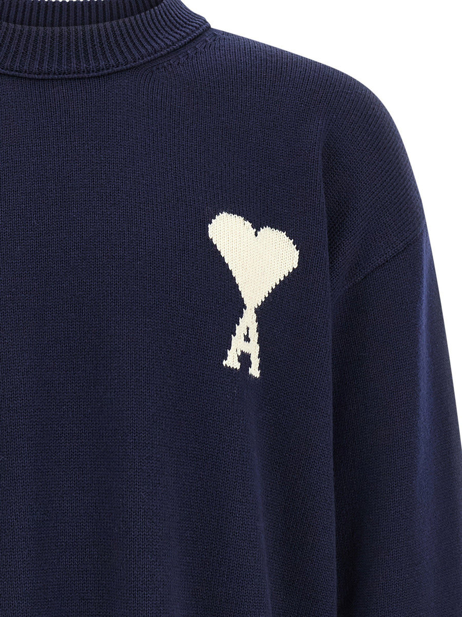 Ami Paris Ami De Coeur Wool Cotton Blend Sweater Blue