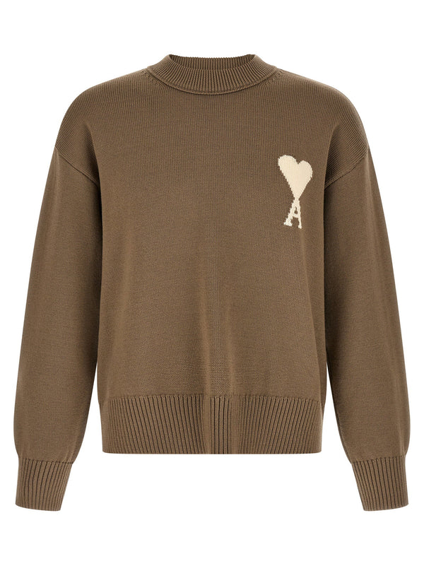 Ami Paris Ami De Coeur Wool Cotton Knit Sweater For Men With Logo Intarsia And Crew Neck