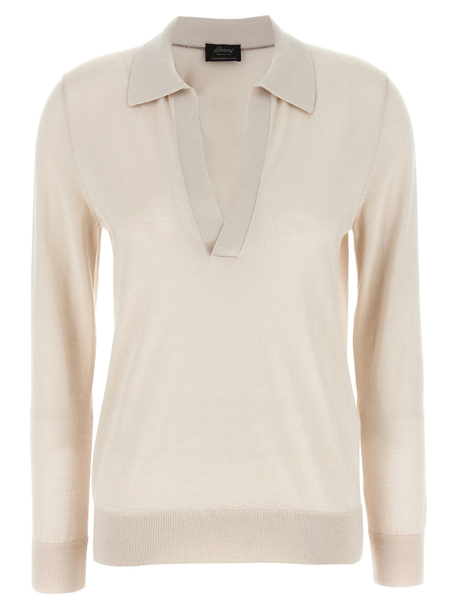 Brioni Cashmere Silk Polo Shirt for Women, Luxurious 70/30 Knit, Soft Hand, Refined Drape, Beige