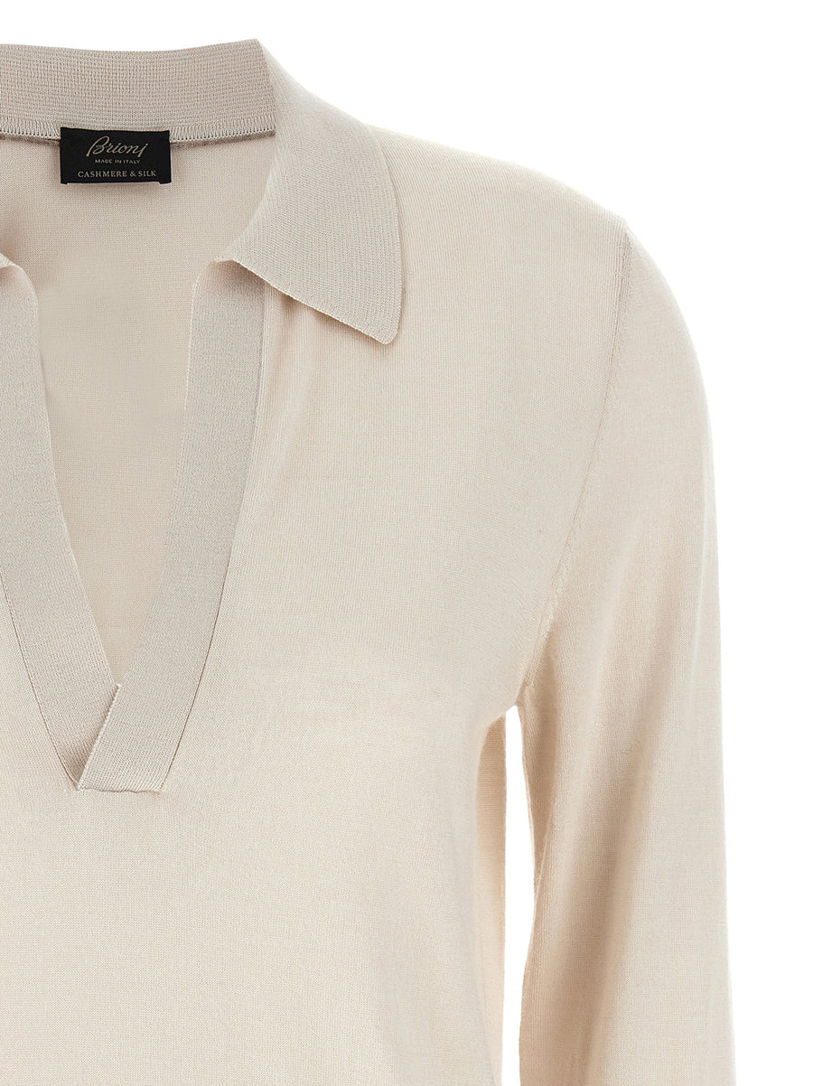 Brioni Cashmere Silk Polo Shirt for Women, Luxurious 70/30 Knit, Soft Hand, Refined Drape, Beige