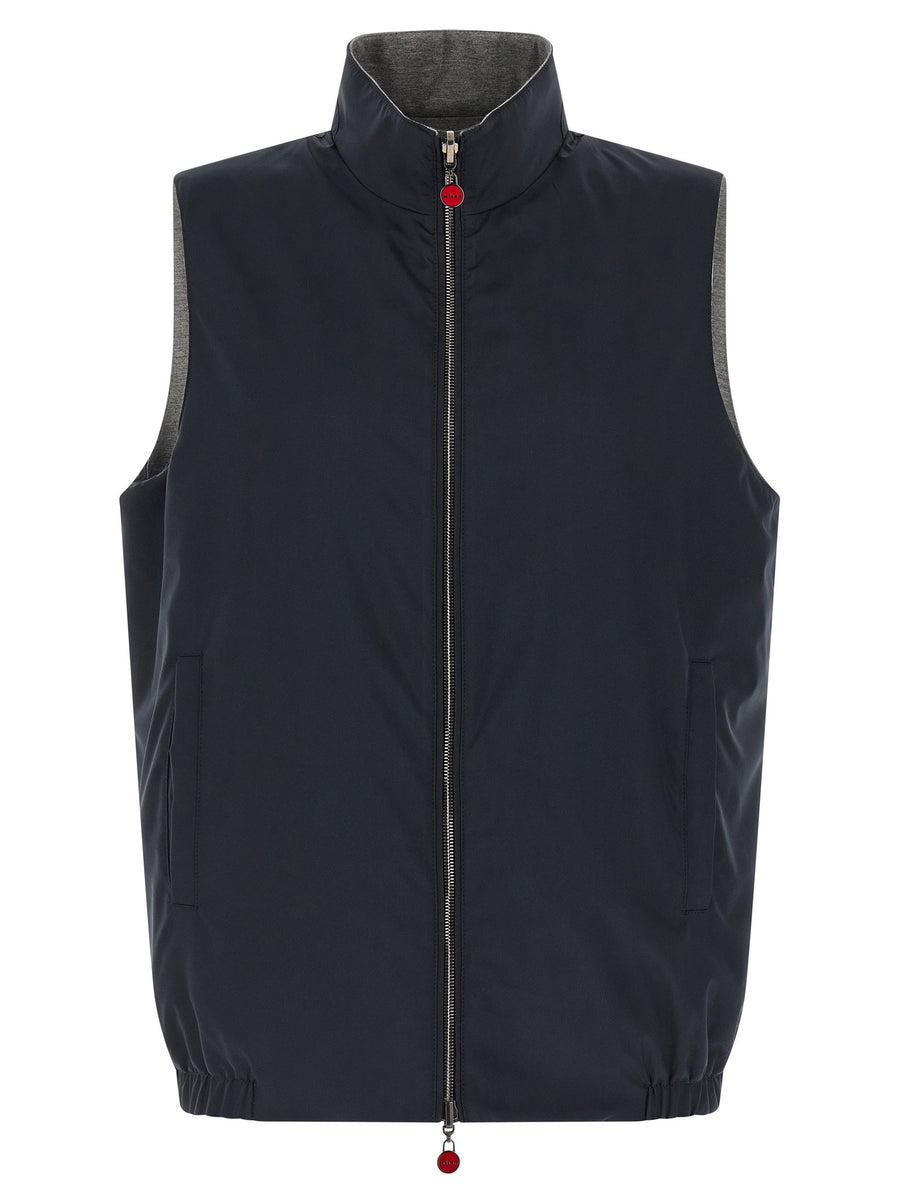Kiton Double Face Reversible Vest For Men Premium Nylon And Cotton Jersey Blue Luxury
