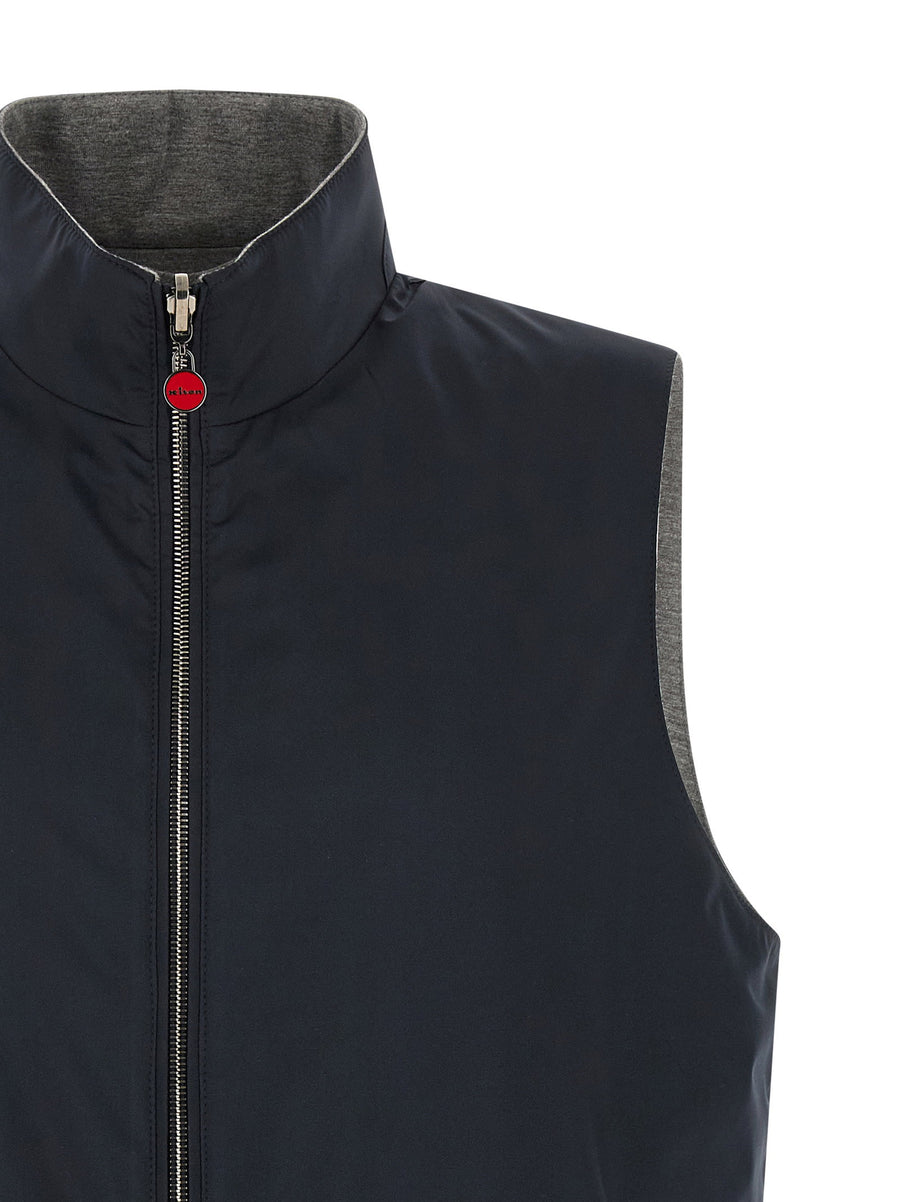 Kiton Double Face Reversible Vest For Men Premium Nylon And Cotton Jersey Blue Luxury