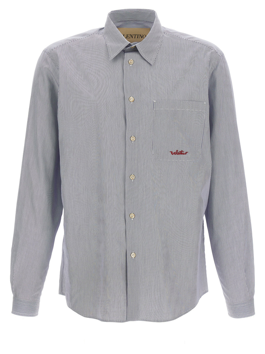 Valentino Garavani Striped Shirt For Men With Luxury 100 Percent Cotton Comfort Tailored Fit Logo Patch Pocket