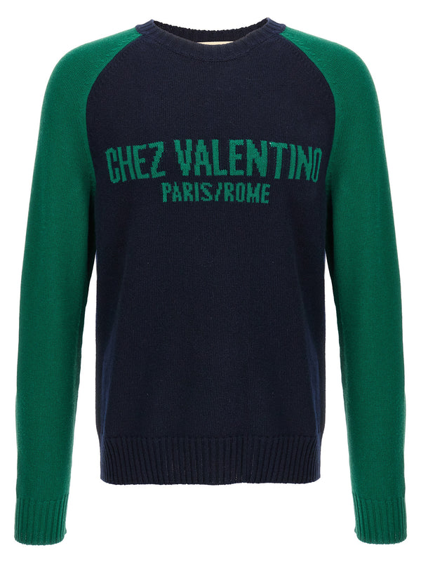 Valentino Garavani Luxurious Chez Valentino Jersey Blue Wool Blend Knit Front Jacquard Pattern for Men