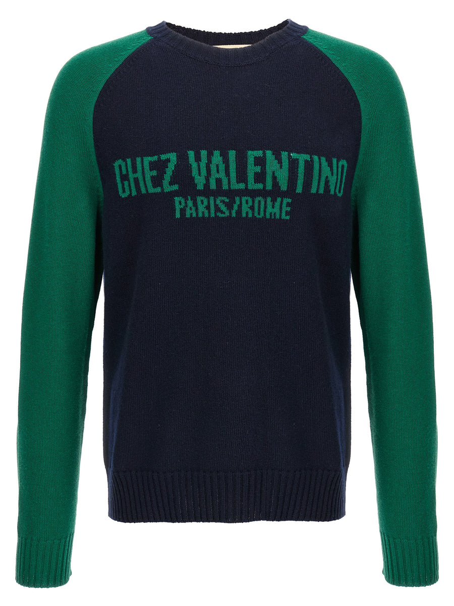Valentino Garavani Luxurious Chez Valentino Jersey Blue Wool Blend Knit Front Jacquard Pattern for Men