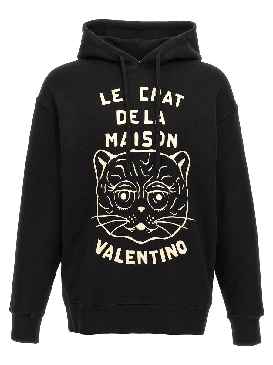 Valentino Garavani Hoodie Luxurious Brushed Cotton For Men With Cat Print And Relaxed Fit