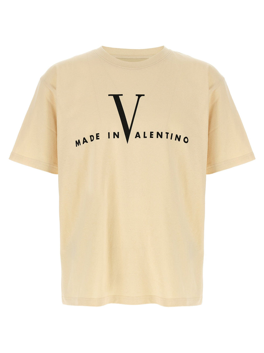 Valentino Garavani Made In Valentino T Shirt Men 100 Percent Cotton Beige Versatile Logo Print Crew Neck