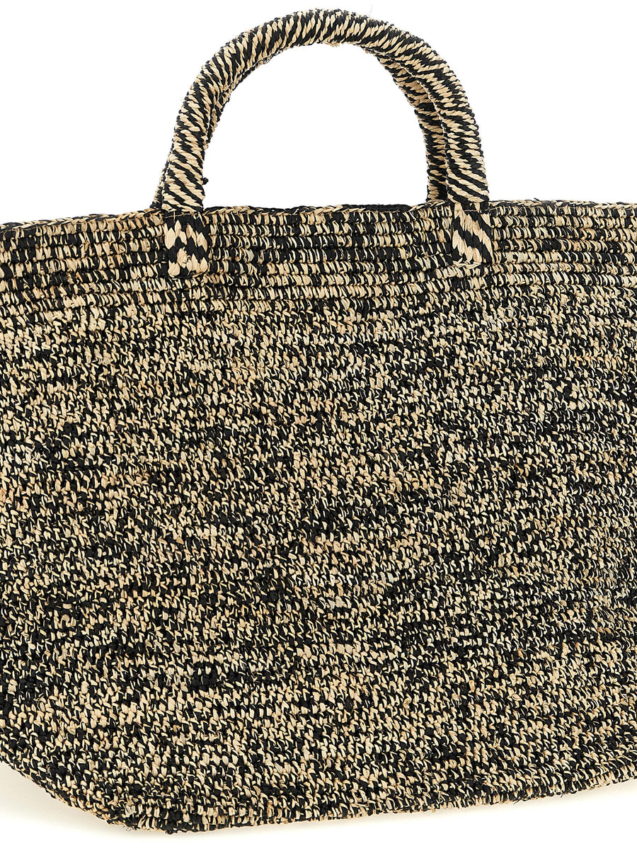 Ibeliv Handcrafted Raffia Shopping Bag Two Tone White Black For Women With Magnetic Closure And Cotton Lining