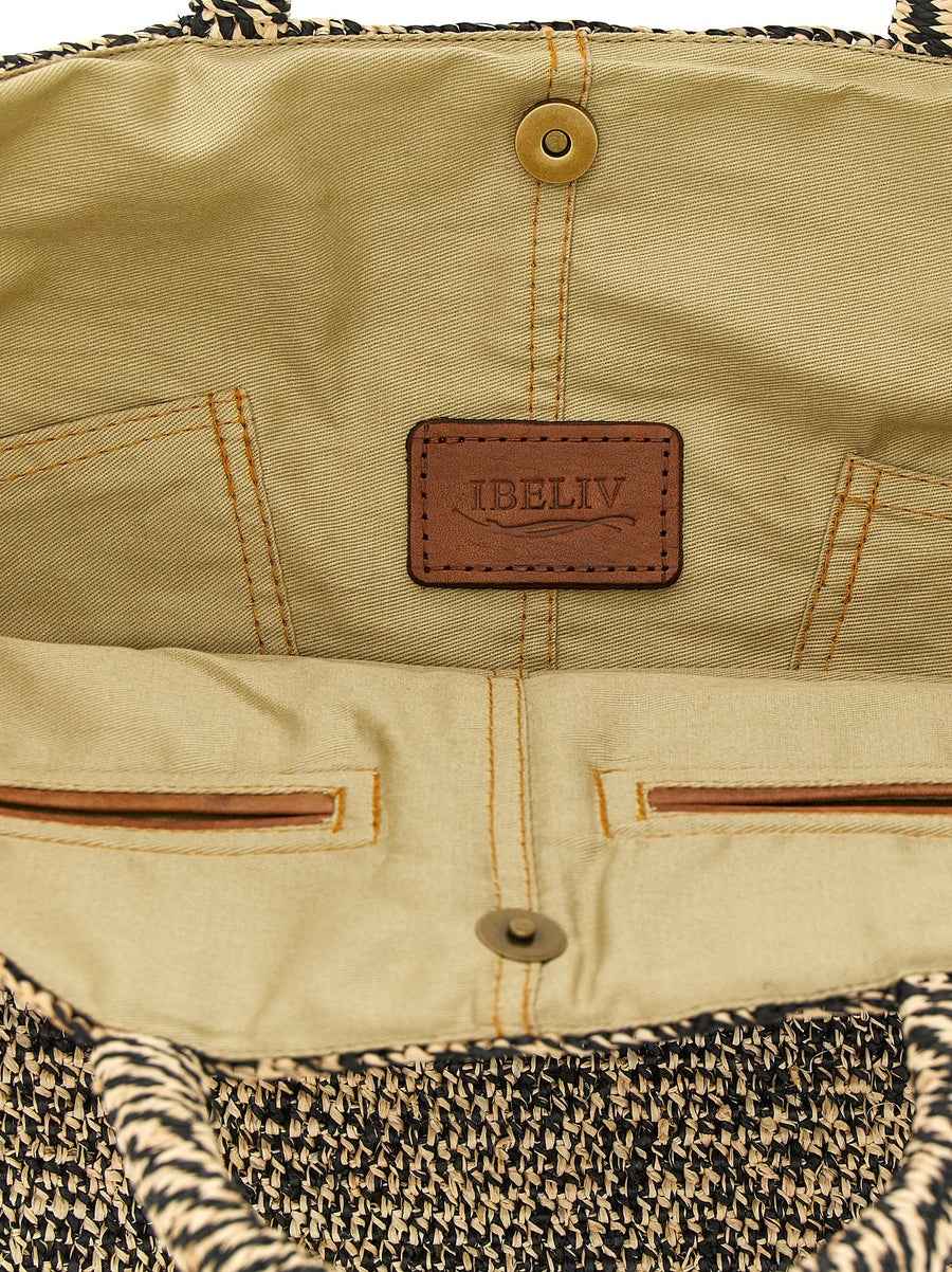 Ibeliv Handcrafted Raffia Shopping Bag Two Tone White Black For Women With Magnetic Closure And Cotton Lining