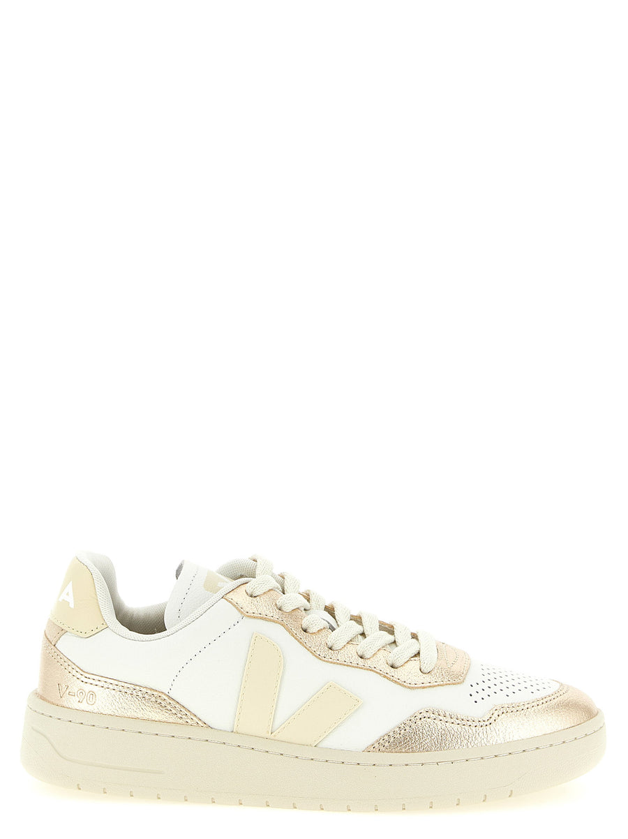 Veja V-90 Organic Leather Sneakers For Women With Perforated Toe And Gold Detail