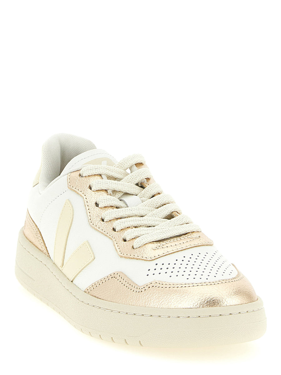 Veja V-90 Organic Leather Sneakers For Women With Perforated Toe And Gold Detail