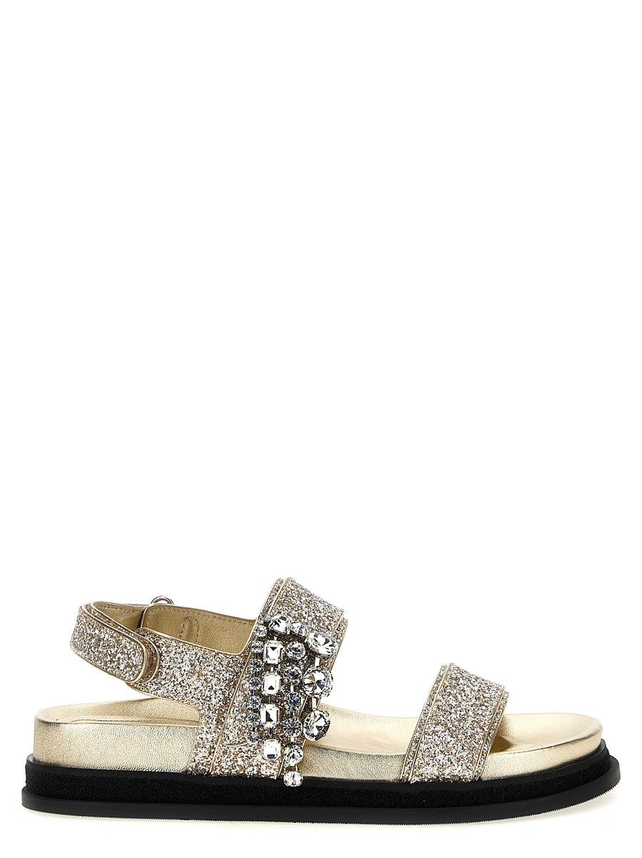 Jimmy Choo Verity Glitter Leather Sandals For Women With Rhinestone Pendant Glamour