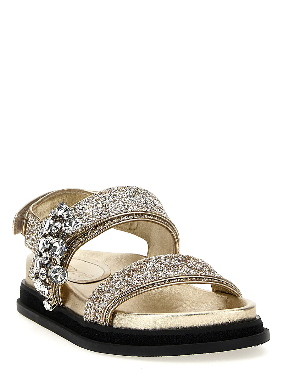 Jimmy Choo Verity Glitter Leather Sandals For Women With Rhinestone Pendant Glamour