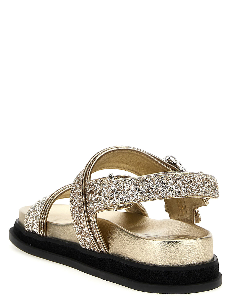 Jimmy Choo Verity Glitter Leather Sandals For Women With Rhinestone Pendant Glamour