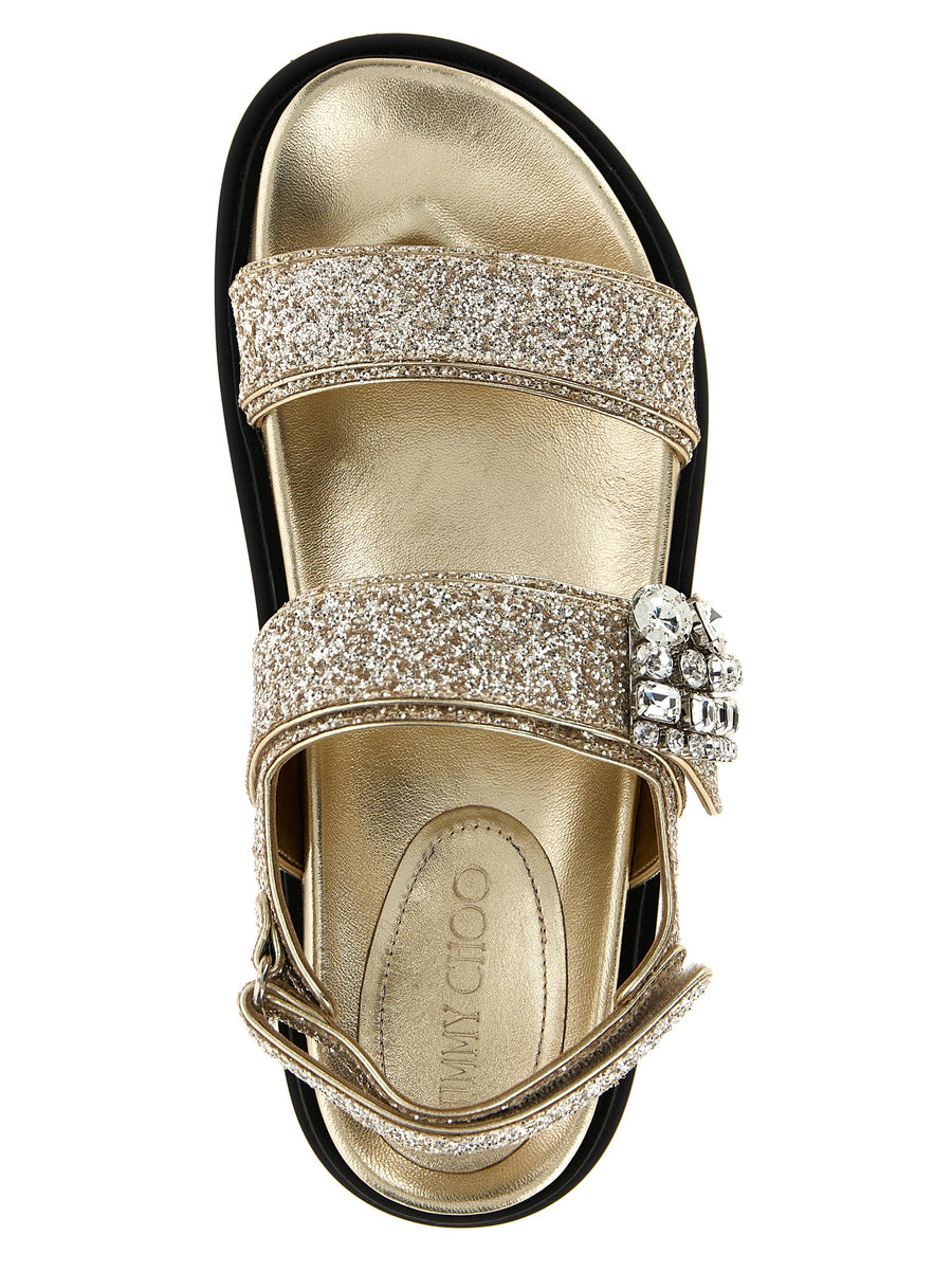 Jimmy Choo Verity Glitter Leather Sandals For Women With Rhinestone Pendant Glamour