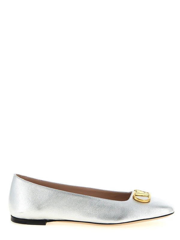 Valentino Garavani VLogo Signature Ballet Flats For Women Silver Laminated Lamb Leather Antiqued Brass Front