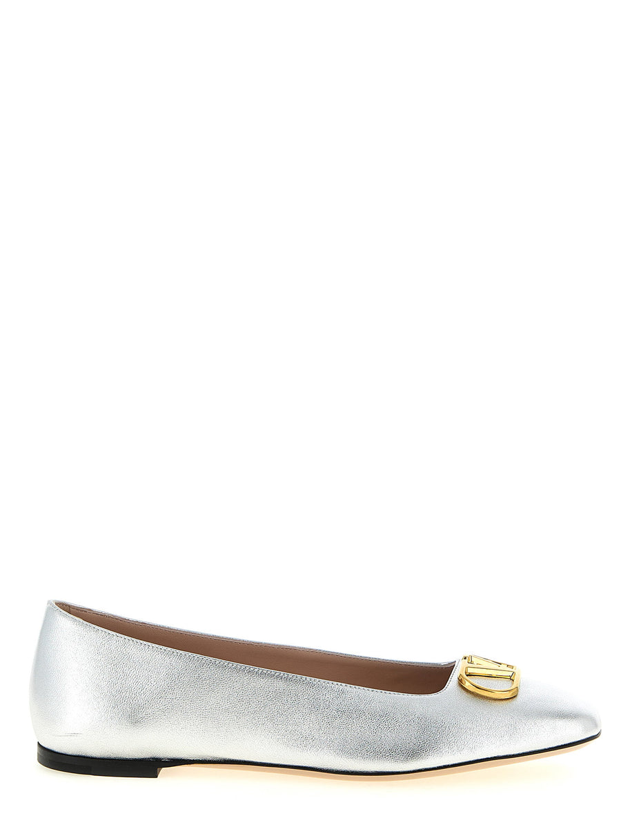 Valentino Garavani VLogo Signature Ballet Flats For Women Silver Laminated Lamb Leather Antiqued Brass Front