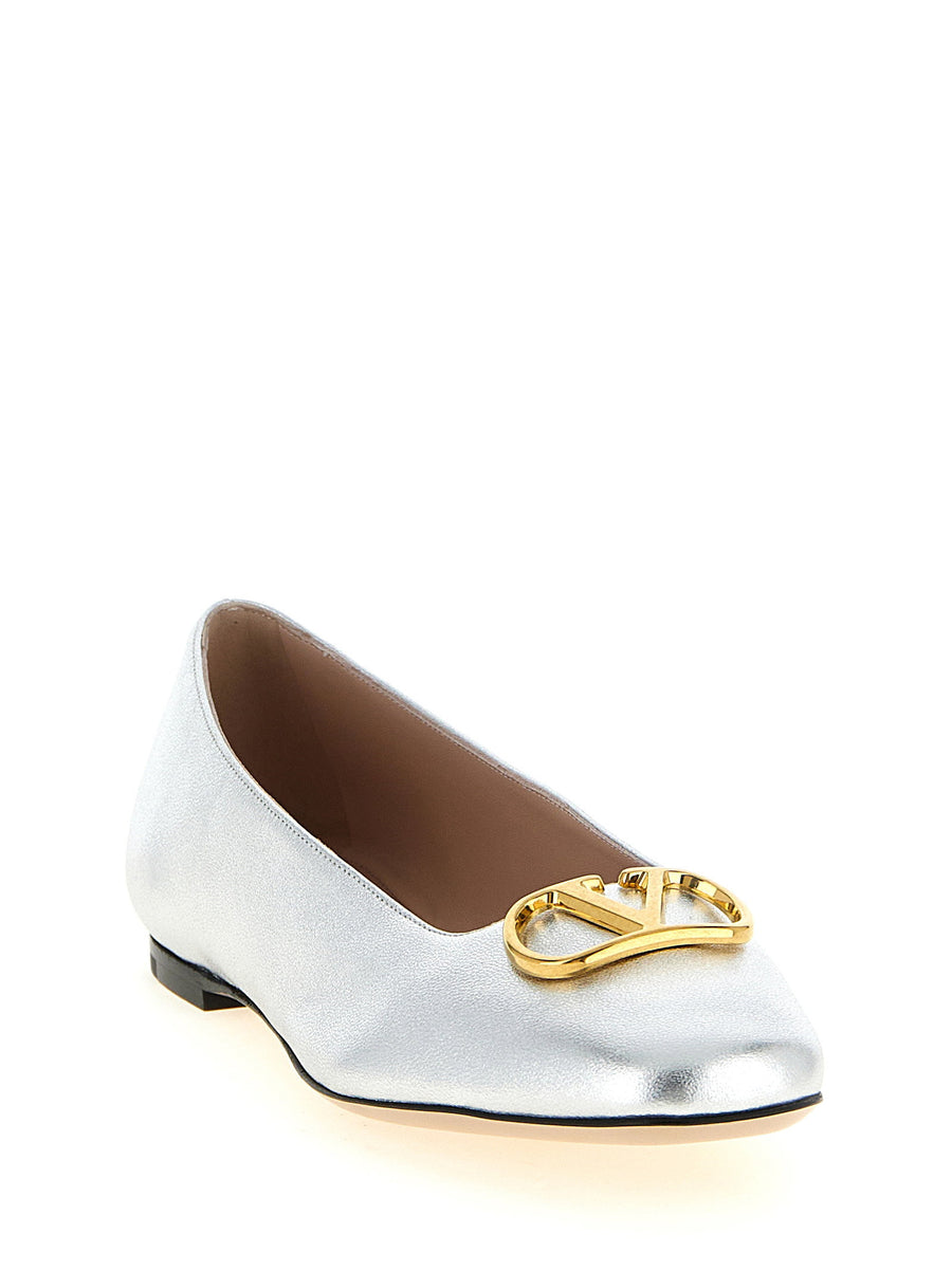 Valentino Garavani VLogo Signature Ballet Flats For Women Silver Laminated Lamb Leather Antiqued Brass Front