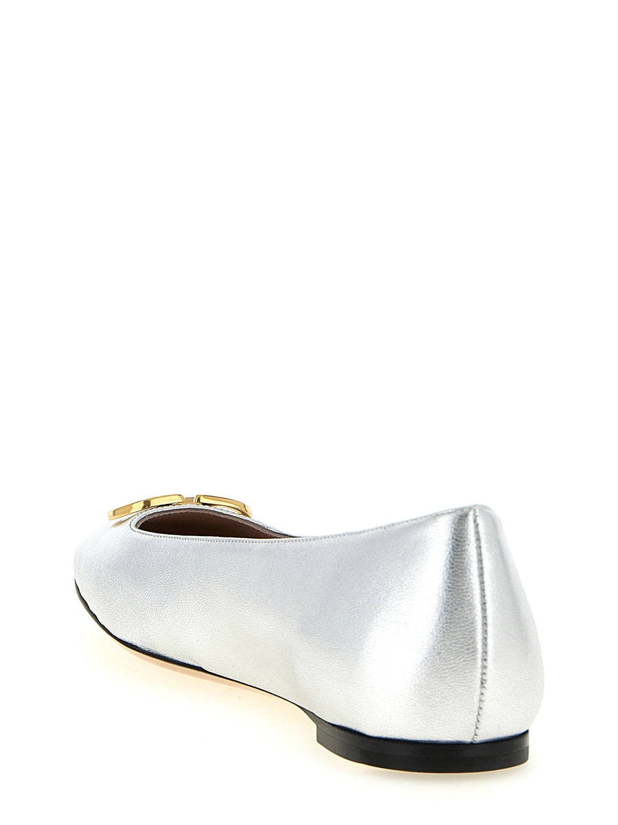 Valentino Garavani VLogo Signature Ballet Flats For Women Silver Laminated Lamb Leather Antiqued Brass Front