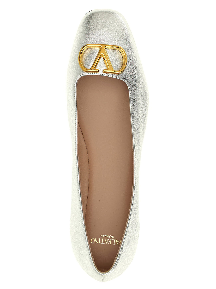 Valentino Garavani VLogo Signature Ballet Flats For Women Silver Laminated Lamb Leather Antiqued Brass Front
