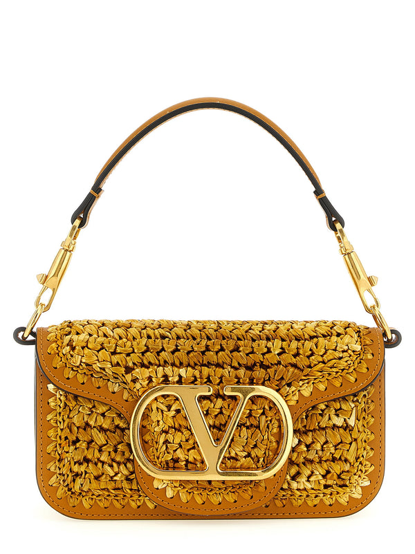 Valentino Garavani Locò Small Shoulder Bag Gold Raffia Crochet Calf Leather