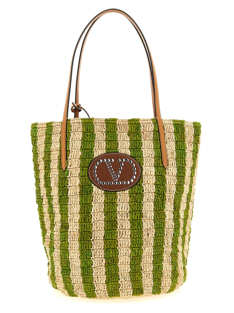 Valentino Garavani Handwoven Raffia Shopper Green Stripe Tote For Women Artisanal Luxury Everyday Bag