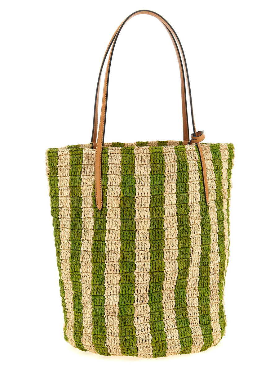 Valentino Garavani Handwoven Raffia Shopper Green Stripe Tote For Women Artisanal Luxury Everyday Bag