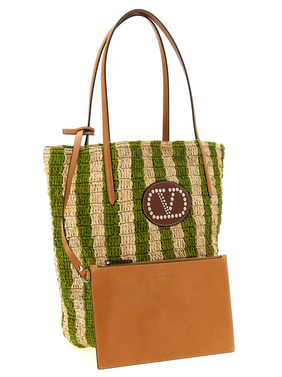 Valentino Garavani Handwoven Raffia Shopper Green Stripe Tote For Women Artisanal Luxury Everyday Bag