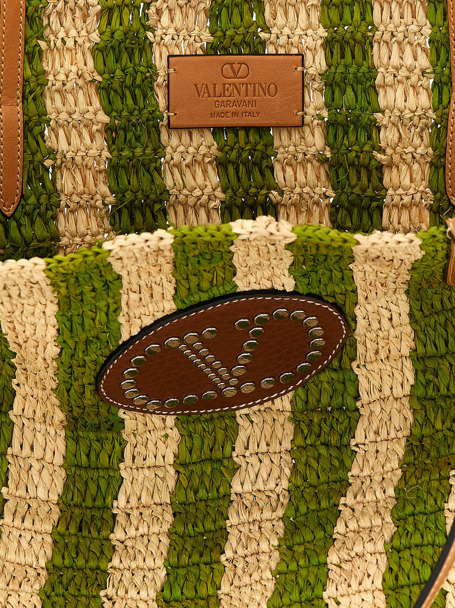 Valentino Garavani Handwoven Raffia Shopper Green Stripe Tote For Women Artisanal Luxury Everyday Bag