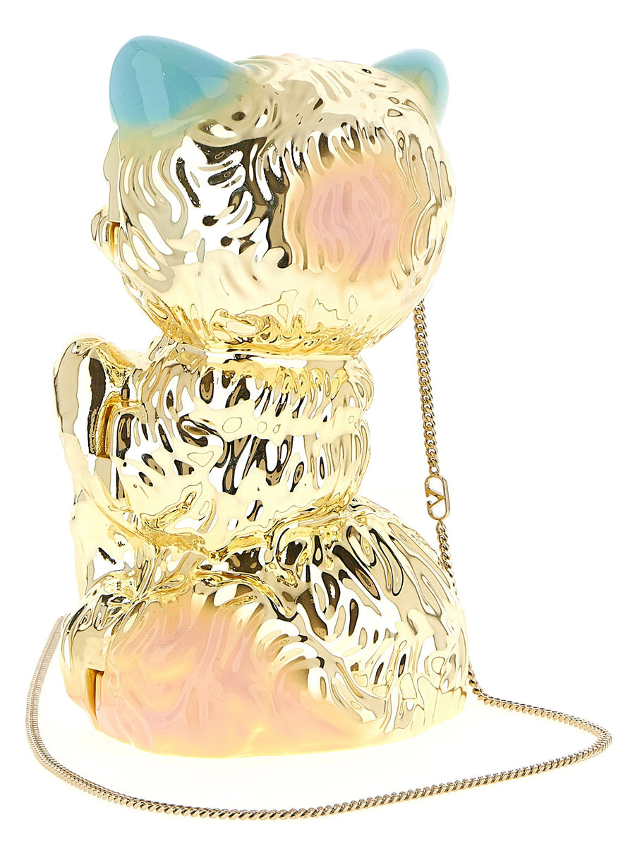 Valentino Garavani Minaudiere Le Chat De La Maison Hand Painted Gold Statement Clutch With Removable Chain For Women