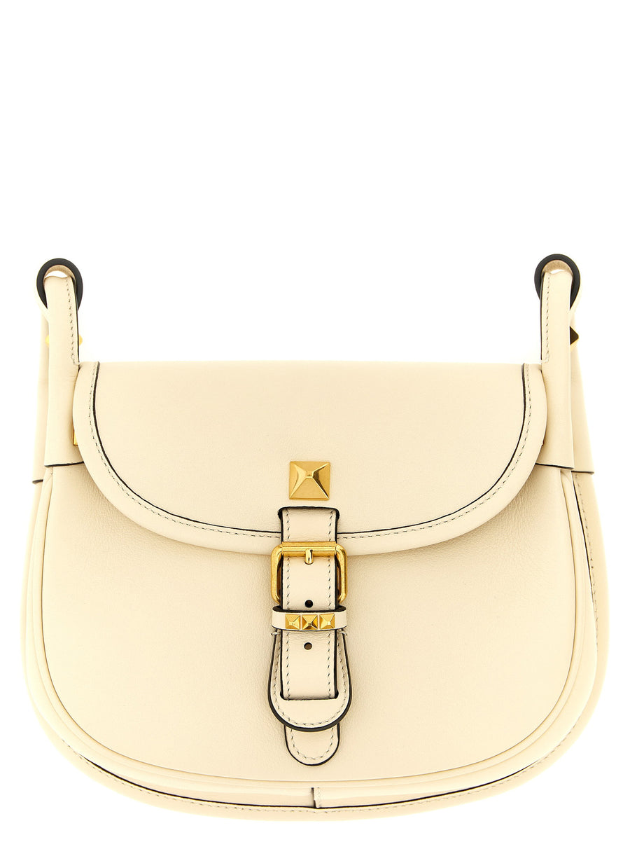 Valentino Garavani Flaneuse Small White Calfskin Shoulder Bag with Antiqued Stud Applique for Women
