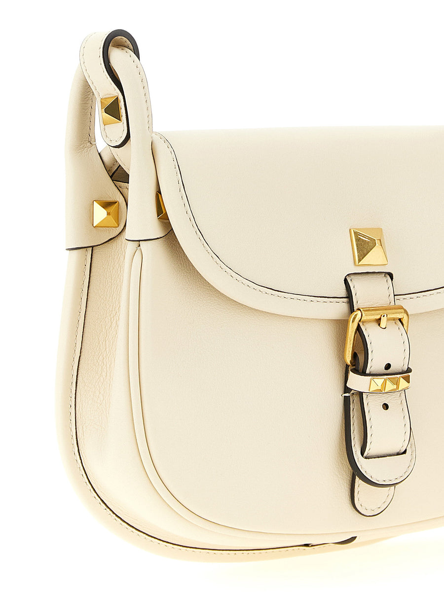 Valentino Garavani Flaneuse Small White Calfskin Shoulder Bag with Antiqued Stud Applique for Women