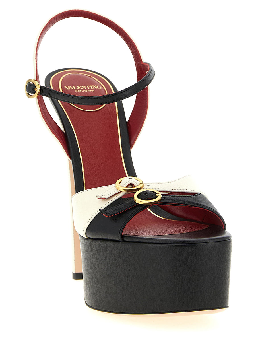 Valentino Garavani Crasher Sandals For Women Two Tone Calfskin Leather With Adjustable Straps Platform VLogo Signature
