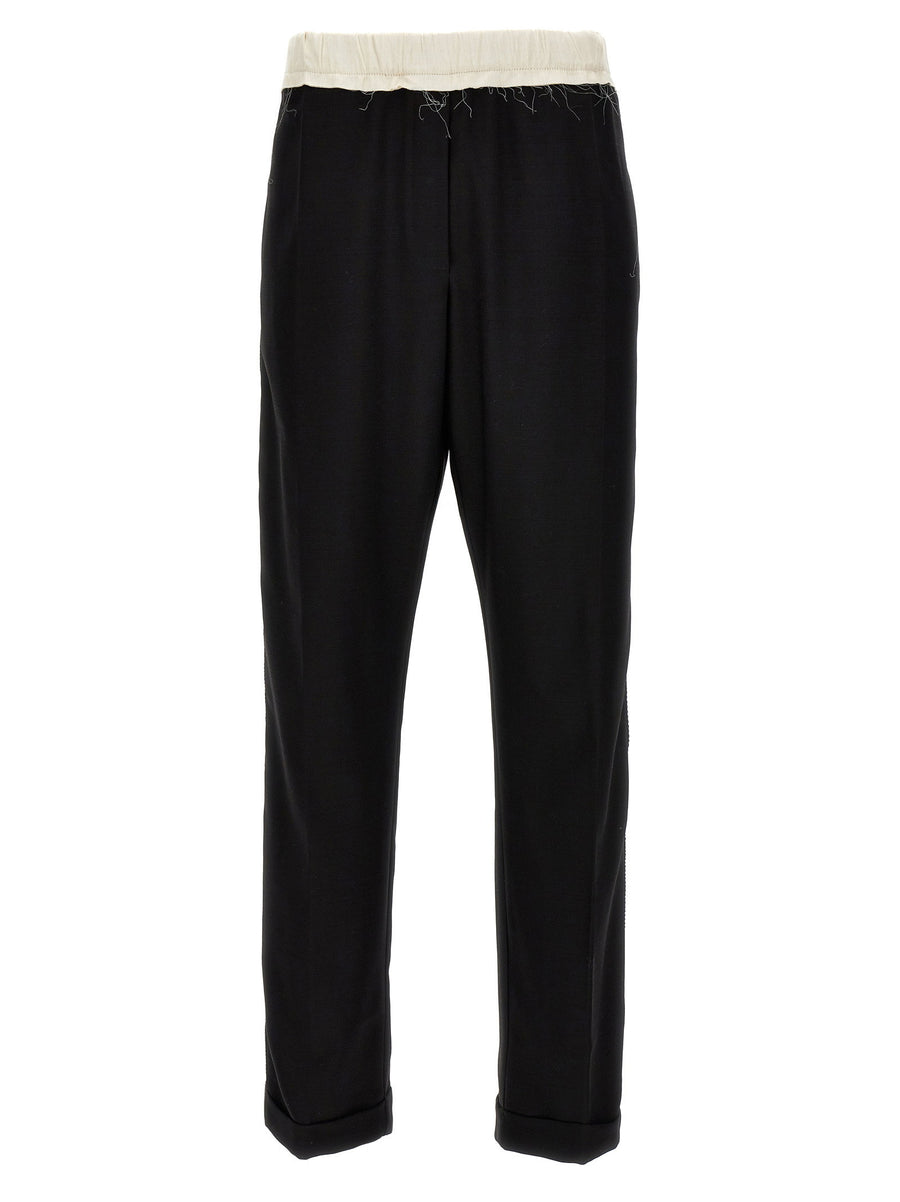 Wales Bonner Seine Wool Trousers White Black Frayed Waist Detail Grosgrain Sides