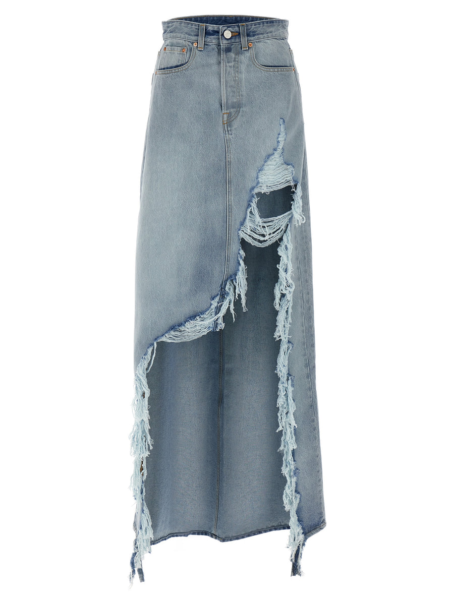 Vetements Destroyed Denim Maxi Skirt Women Front Slit Frayed Hem Premium 100 Percent Cotton