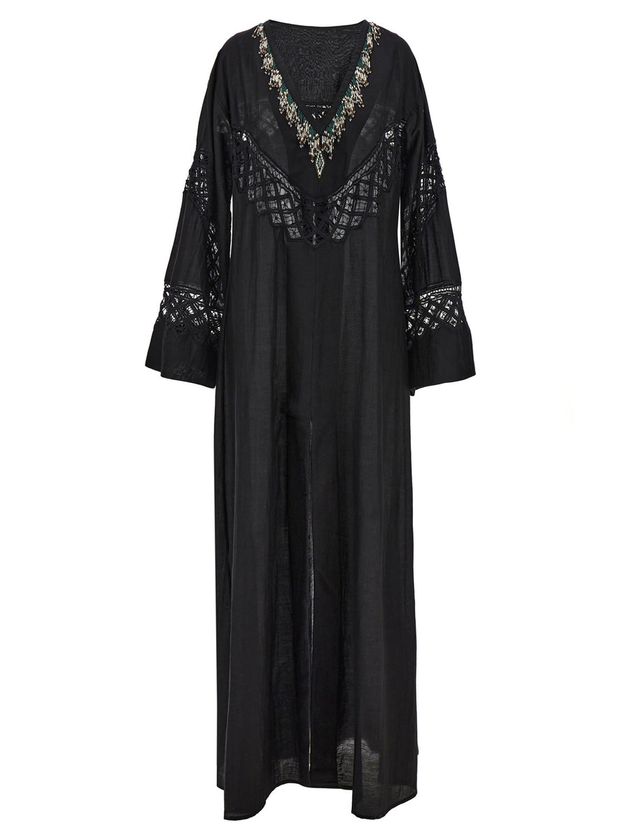 Fortela Alice Dress Beadwork Black Cotton Silk V Neck Wide Sleeves Front Split For Women Elegant Everyday Evening Wear