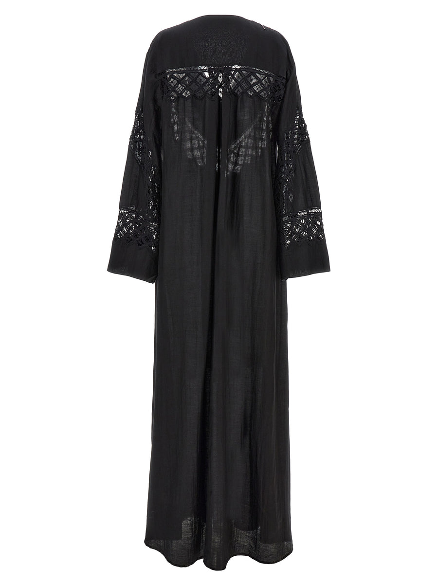 Fortela Alice Dress Beadwork Black Cotton Silk V Neck Wide Sleeves Front Split For Women Elegant Everyday Evening Wear