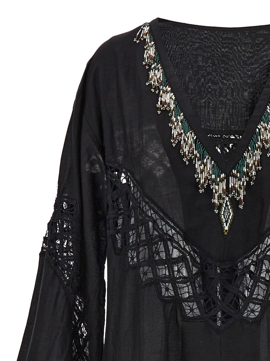 Fortela Alice Dress Beadwork Black Cotton Silk V Neck Wide Sleeves Front Split For Women Elegant Everyday Evening Wear