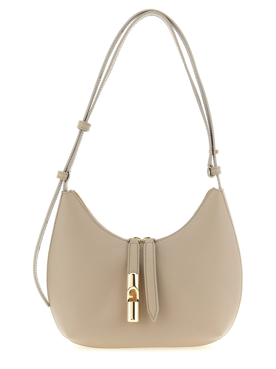 Furla Goccia Small Beige Leather Shoulder Bag for Women with Hammered Texture and Adjustable Crossbody Strap
