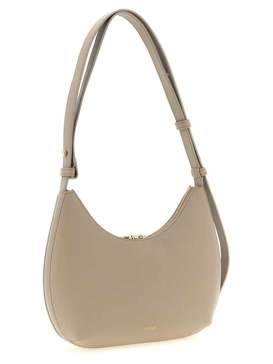 Furla Goccia Small Beige Leather Shoulder Bag for Women with Hammered Texture and Adjustable Crossbody Strap