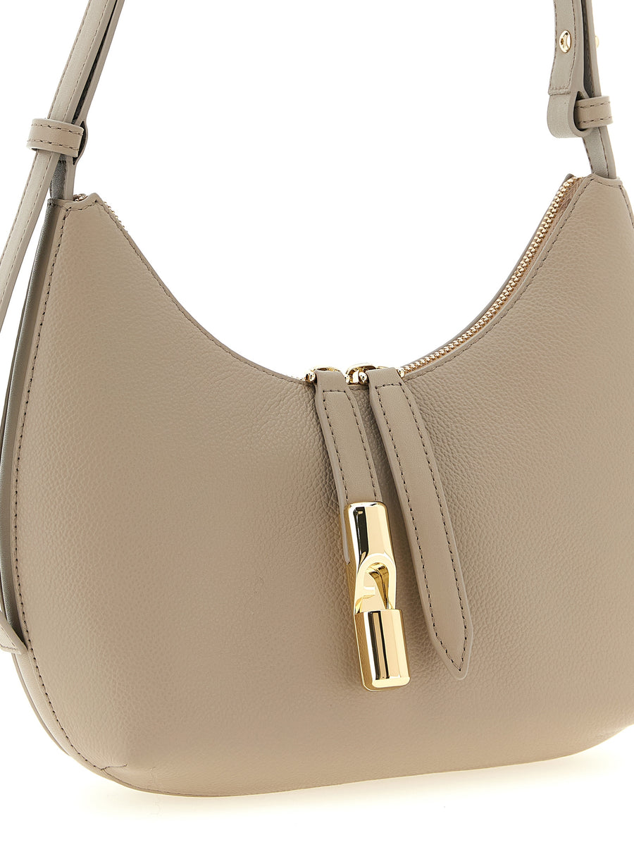 Furla Goccia Small Beige Leather Shoulder Bag for Women with Hammered Texture and Adjustable Crossbody Strap