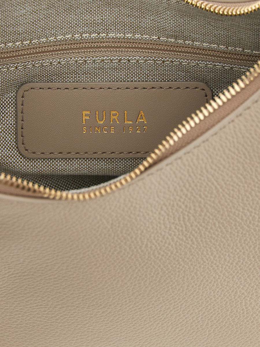 Furla Goccia Small Beige Leather Shoulder Bag for Women with Hammered Texture and Adjustable Crossbody Strap