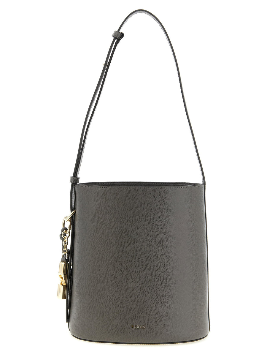 Furla Roxie Small Bucket Bag For Women Luxe Calfskin Shoulder Bag Versatile Gray Grain Print