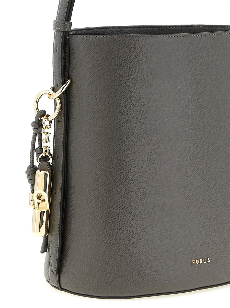 Furla Roxie Small Bucket Bag For Women Luxe Calfskin Shoulder Bag Versatile Gray Grain Print