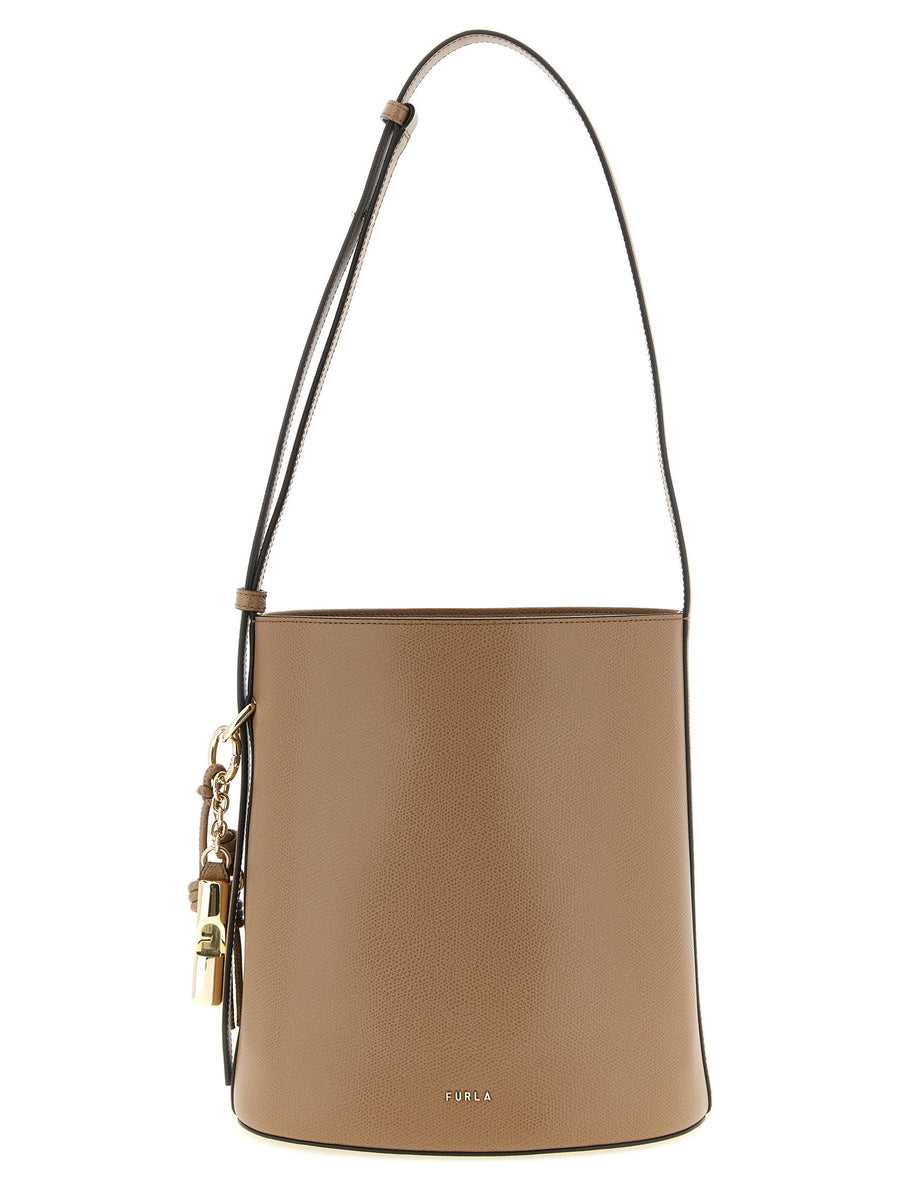 Furla Roxie Small Bucket Bag Beige Calfskin Leather For Women With Secure Magnetic Closure